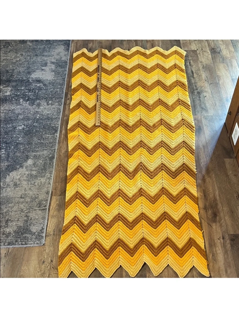 handmade vintage crochet afghan blanket with a chevron pattern brown and gold